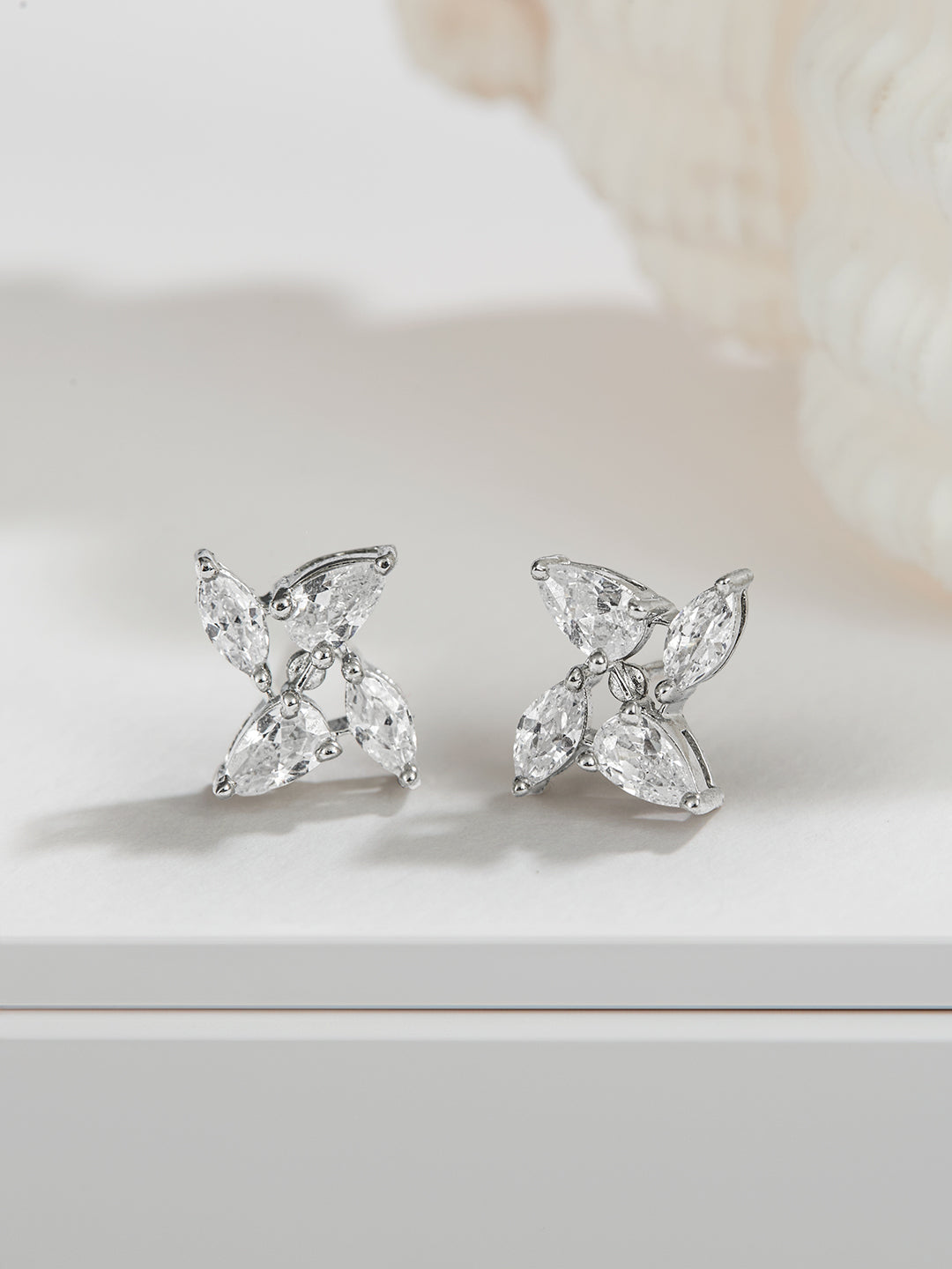 925 Sterling Silver White CZ studded Rhodium Plated Floret Studds Earrings